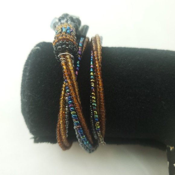 Womens Black Tan Fashion Jewelry Adjustable Anniversary Beaded Wrap Bracelet - Picture 3 of 11